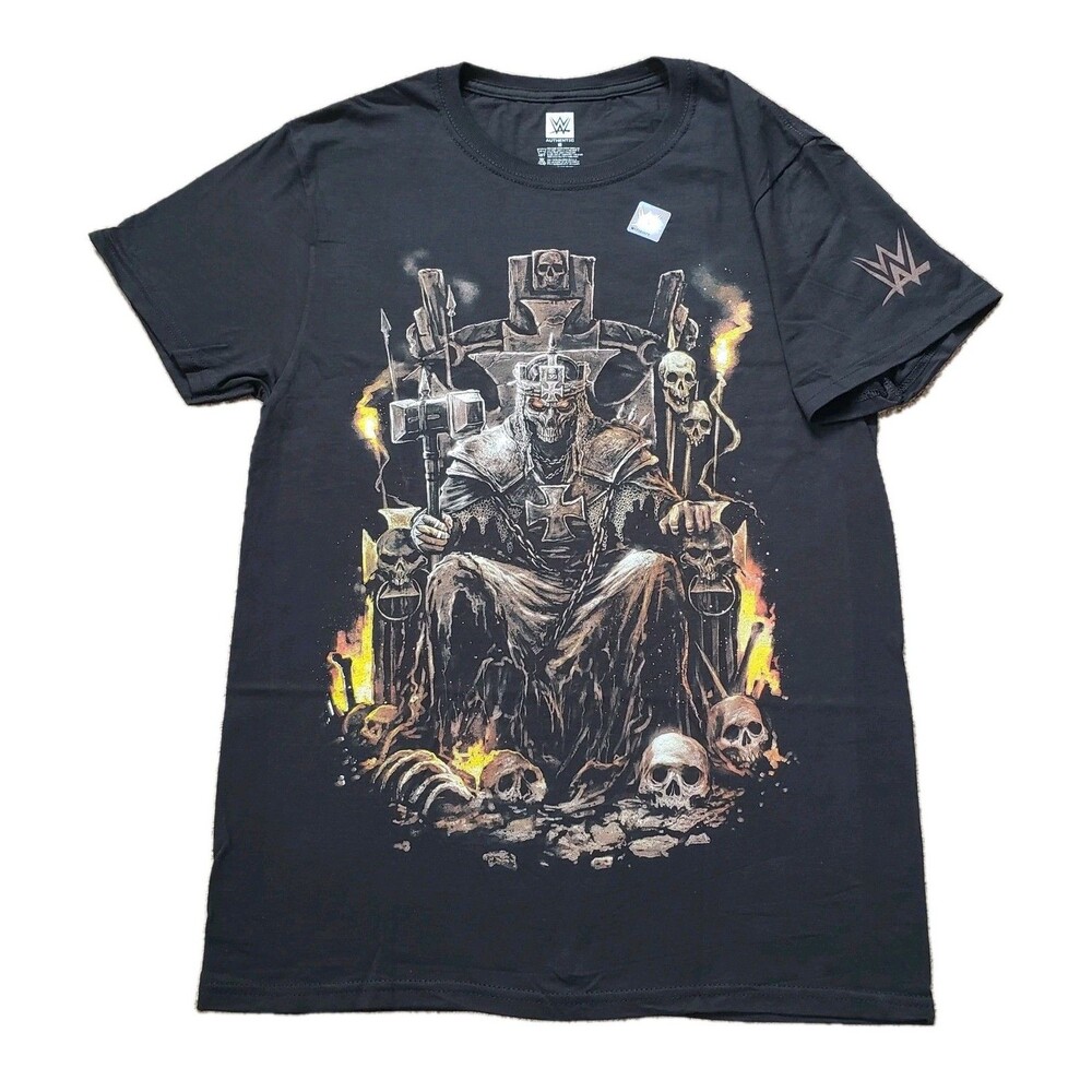 NWT Triple H Burning Throne Sz Small Mens Black Double Side WWE T-Shirt Skulls